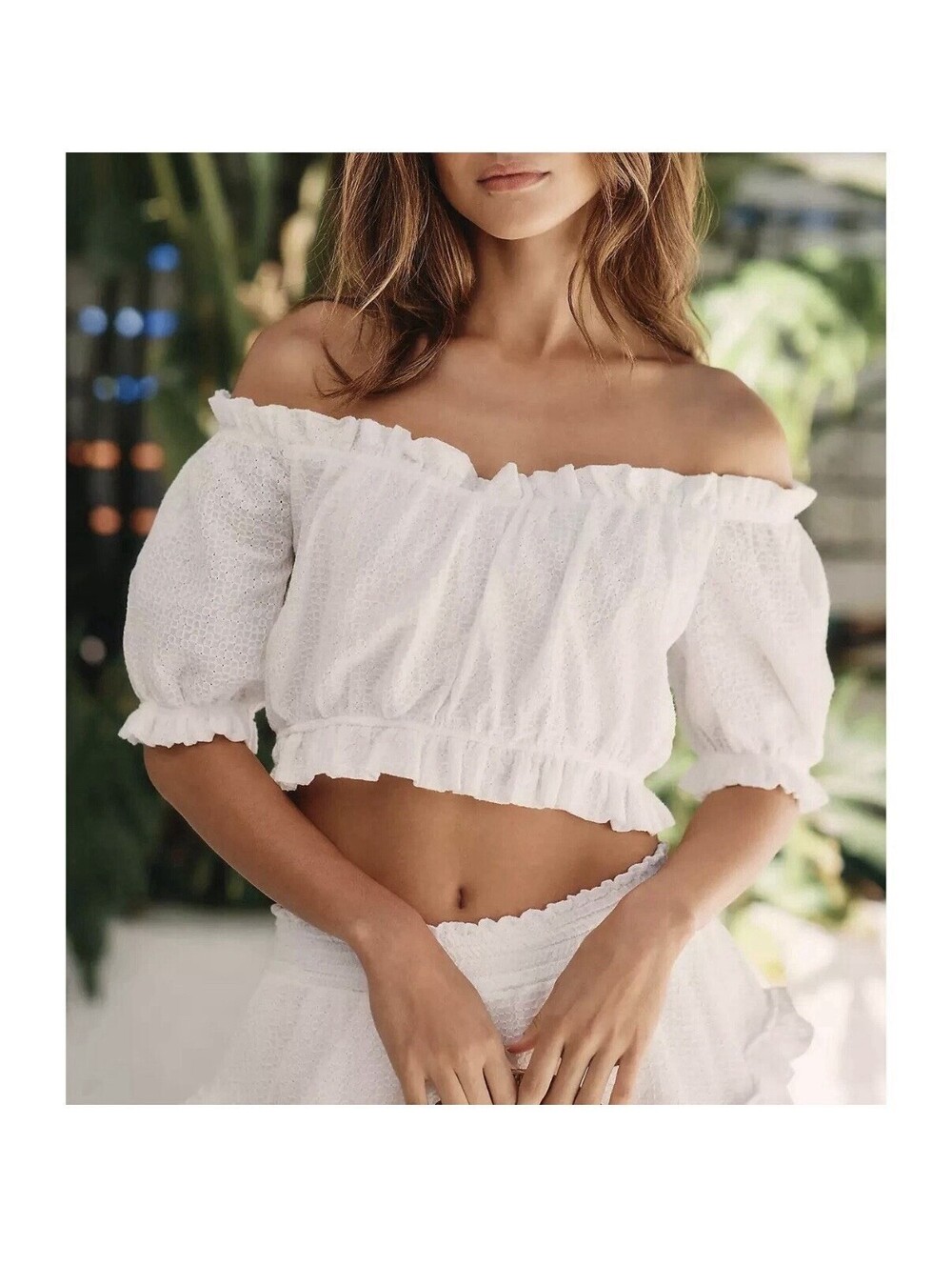 Peixoto Quinn Crop Top White Textured Boho Off Shoulder Shirt Size Large